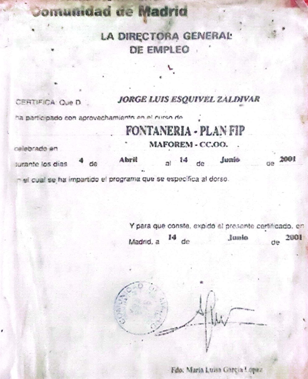 Reformas Esquivel Diploma de Fontaneria por la Comunidad de Madrid, 2001